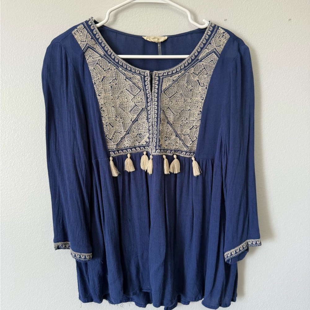 Navy Blue Bohemian Top with Cream Accents